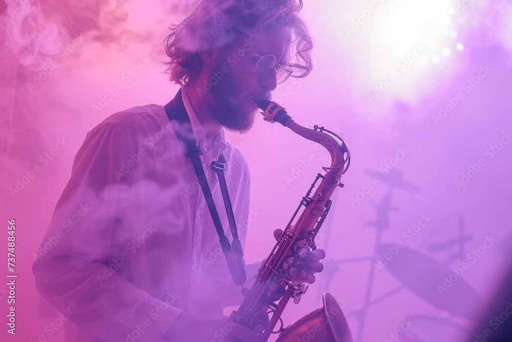 Fototapeta premium a man plays the saxophone on a background of smoke