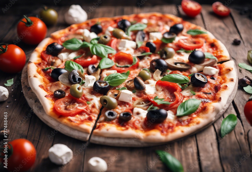Delicious vegetarian pizza with tomatoes mushrooms mozzarella peppers and olives on wooden table