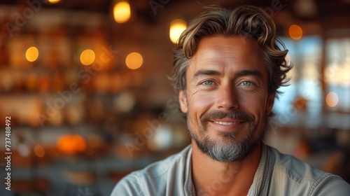 A man with facial hair is happily smiling at the camera in a restaurant
