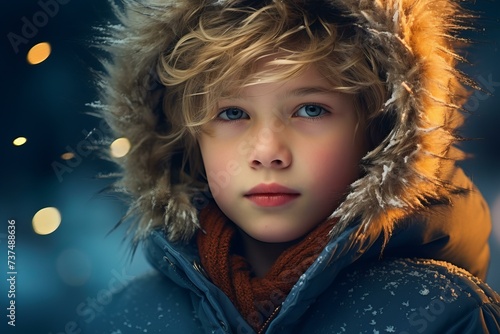 Portrait of boy in blue winter clothes. Little child posing in warm clothing on breeze background. Generate ai