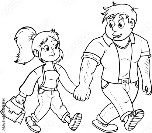 Pareja enamorados caminando de la mano, ilustración vectorial estilo cartoon, en blanco y negro sin color.