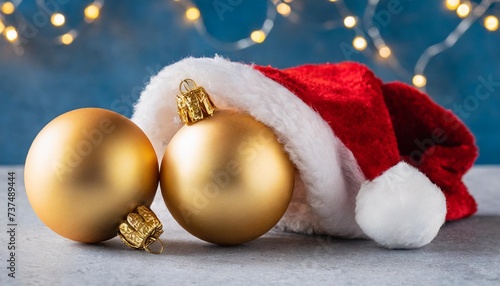 ornaments under the santas hat against blue gray livid background pair of golden christams balls photo