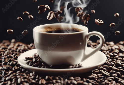 Flying delicious coffee beans around fresh coffee cup on dark background