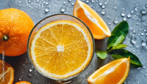 orange slices with water drops under glass summer lemonade cocktail orange drink flat lay top view