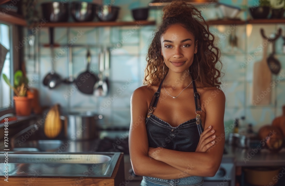a beautiful woman chef in the kitchen with her arms crossed a beautiful woman chef in the kitchen with her arms crossed