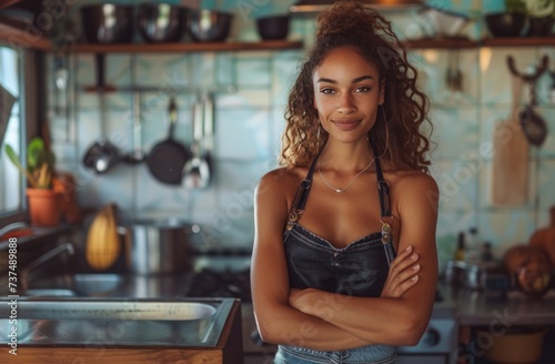 a beautiful woman chef in the kitchen with her arms crossed