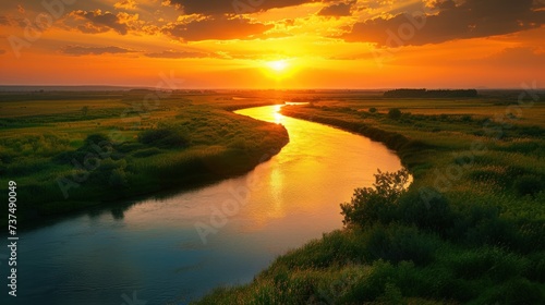 A winding river cutting through lush greenery  reflecting the golden hues of a breathtaking sunset