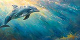 A dolphin gracefully swims through shimmering rays of sunlight underwater. Concept Underwater Beauty, Sunlit Dolphin, Graceful Movement, Shimmering Rays