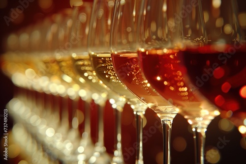 a row of wine glasses lined up in rows photo