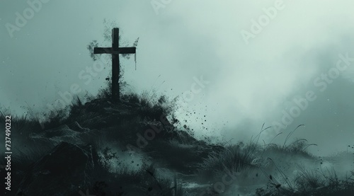 a black cross lies on a hill on the ground in a smoky fog