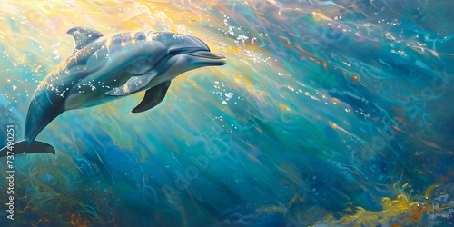 A dolphin gracefully swims through shimmering rays of sunlight underwater. Concept Underwater Beauty, Sunlit Dolphin, Graceful Movement, Shimmering Rays © Anastasiia