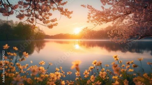 A dreamy Easter sunrise vista, casting a warm glow over a tranquil lake © olegganko