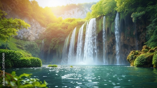 A cascading waterfall shimmering in the sunlight