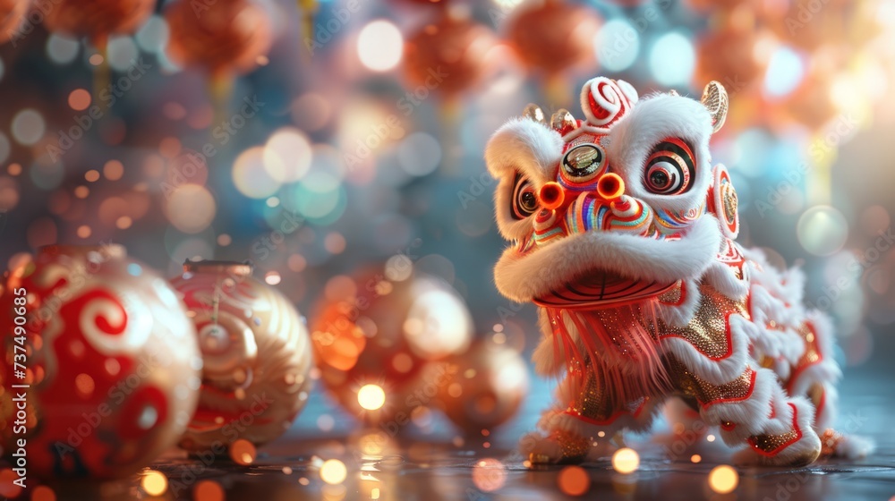 A festive Chinese New Year parade setting, with majestic dragons, shimmering lanterns