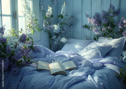 a bed with blue sheets, white pillows and a book