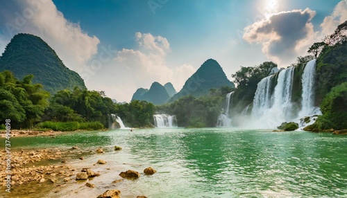 ban gioc waterfall veitnam name or detian waterfall chinese name waterfall is the most magnificent waterfall in vietnam located in the border of guangxi china and cao bang vietnam photo