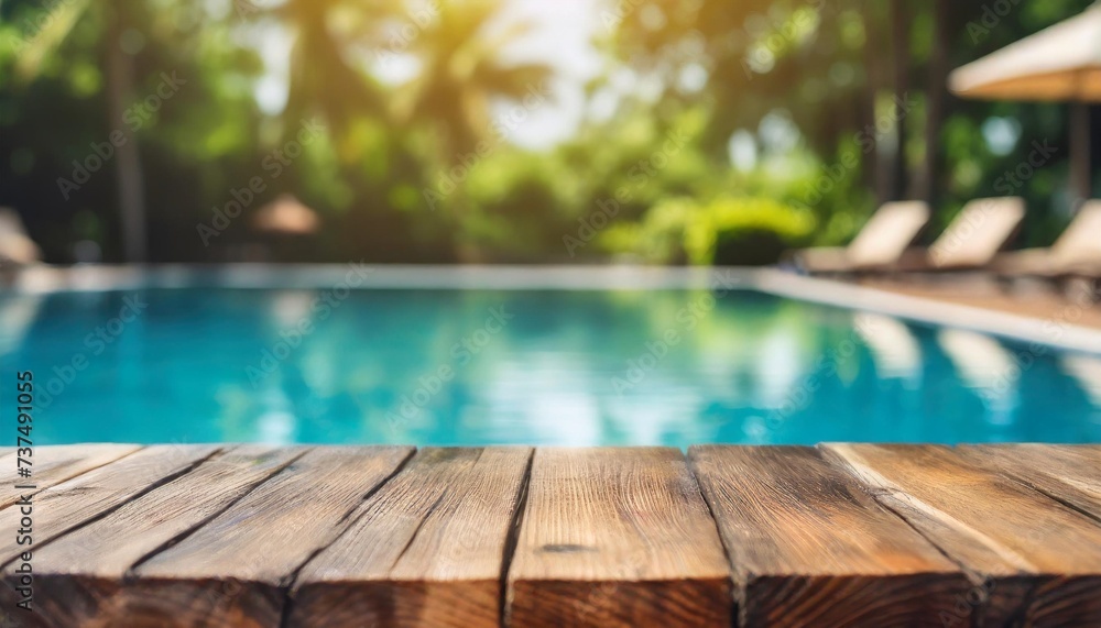 empty wooden table in front with blurred background of swimming pool