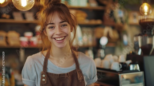 A cheerful barista, serving coffee with a smile, exudes warmth and hospitalit...