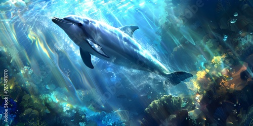 Serenity and beauty captured as a dolphin glides through stratified sunlit depths. Concept Underwater Photography  Dolphin Encounters  Sunlit Depths  Serene Marine Life  Natural Beauty