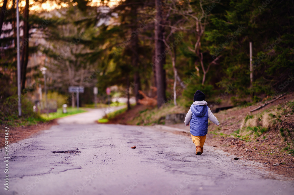 Child Walking Alone on a Country Road Surrounded by Forest at Dusk Child Walking Alone on a Country Road Surrounded by Forest at Dusk