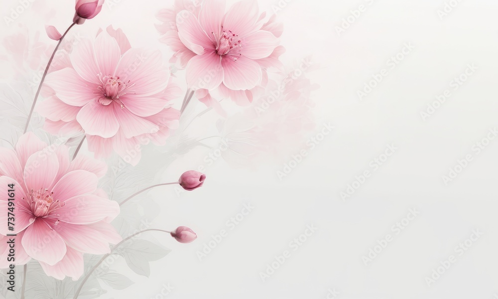pink flowers on a white background with space for text, aestheticism, soft mist, matte background, soft light_4