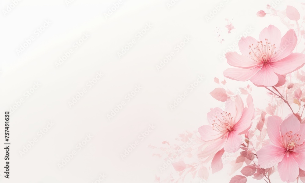 pink flowers on a white background with space for text, aestheticism, soft mist, matte background, soft light_3