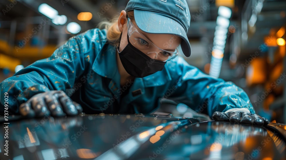 A woman wearing an electric blue baseball cap is working on a car in a factory