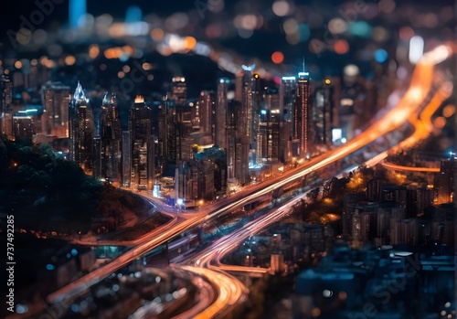 Long exposure cityscape, big city nightviewl lights and cars