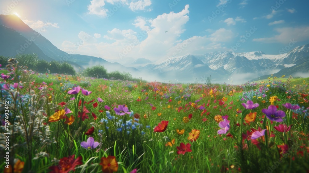 Alpine Wildflower Paradise - A stunning display of wildflowers flourishing in an alpine valley, with snow-capped mountains and a bright sunny sky enhancing the serene atmosphere.