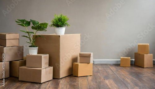 引っ越しイメージ。段ボール。山積みの段ボール。新居。Moving image. cardboard. A pile of cardboard. New house.