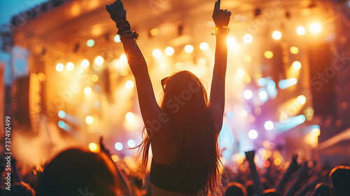 womman dancing with hands in the air in front of big stage at a cool rock music festival. Person dancing in the crowd with hand up at a live concert. photo