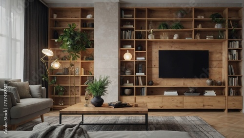 Light pine bookshelf and tasteful decor elements adding charm to a living room interior. 