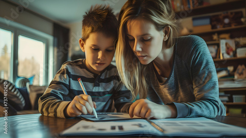 Mother doing homework with her son. Mum helping kid to learn and study for school. Babysitter learning with child. Family portrait. 