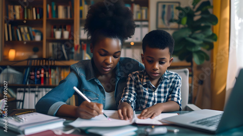 African american mother doing homework with her son. Black mum helping kid to learn and study for school. Family portrait.  photo