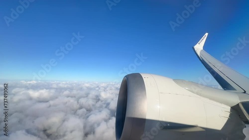 Ryanair aircraft flying over the clouds with blue sky