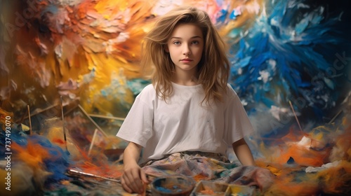a young artist girl painting with long hair is surrounded with paints