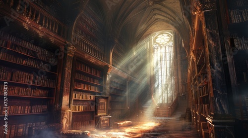 An ancient library filled with magical books  glowing orbs  and mystical artifacts. Shelves reach up to a high  vaulted ceiling  with soft light filtering through stained glass windows. Resplendent.