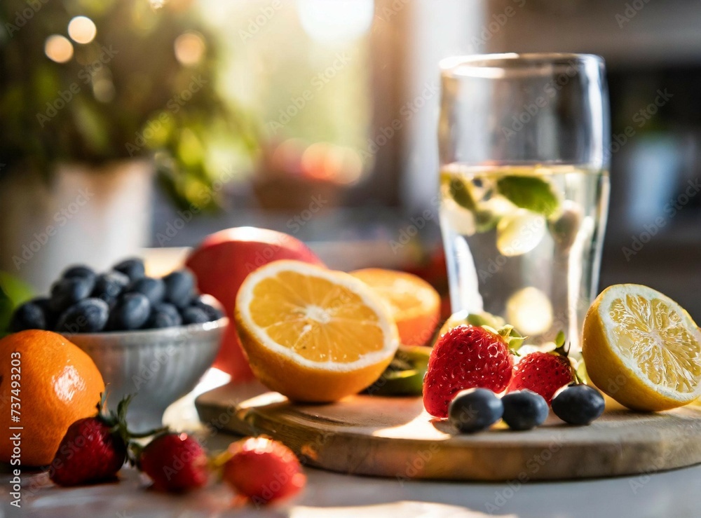 Healthy Diet Background. Different fruits and vegetables assorted on kitchen table next to glass of water. Healthy Diet Background. Different fruits and vegetables assorted on kitchen table next to glass of water.
