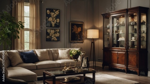 Maplewood display cabinet and chic accessories contributing to an elegant living room atmosphere. 