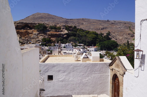 A scenic view from the top of Lindos Old Town in the island of Rhodes, Greece