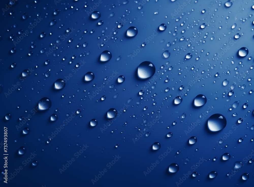 Shimmering Raindrops, Reflective Blue Background with Water Droplets