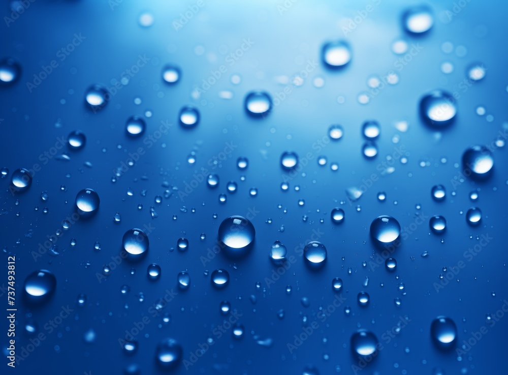 Glistening Raindrops, Blue Background, Sparkling Reflections, Water Droplets, Nature Scene, Freshness Concept