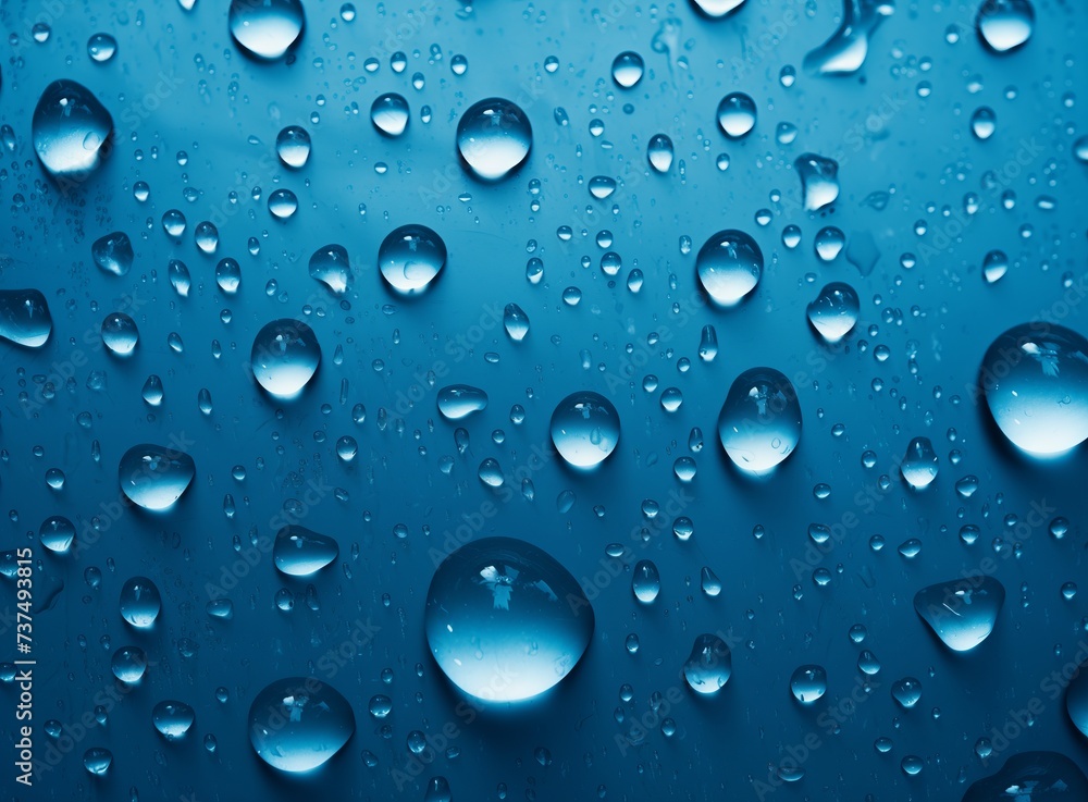 Glistening Raindrops on Blue Background, Abstract Water Droplets with Sparkling Reflections