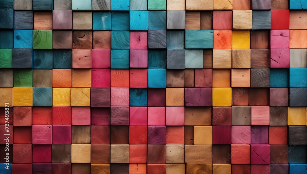 Close-Up of Colorful Wooden Blocks,  Stacked, Stained Wood for Vibrant Background Texture