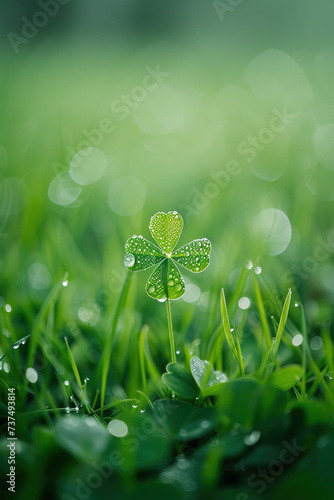 A clover leaf grows in a field of lawn