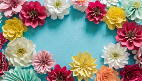colourful handmade paper flowers on light blue background with copyspace in the center