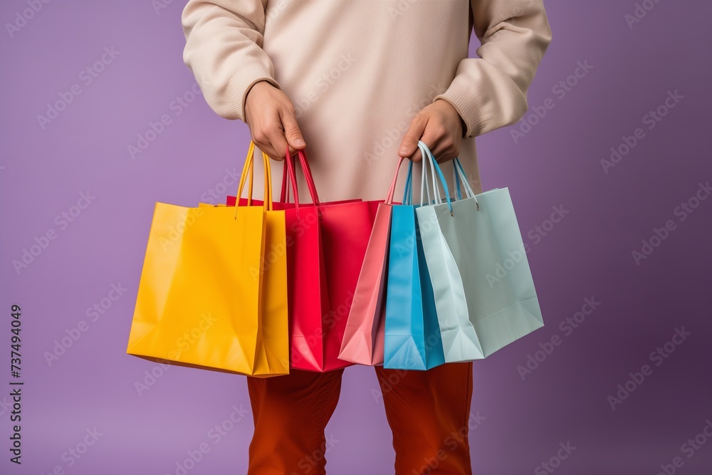 Man with Colorful Shopping Bags, Conceptual Image of Male Shopping on Vibrant Background