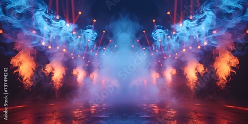 A captivating stage aglow with lights and wisps of ethereal smoke. Concept Enchanting Stage Setup  Magical Lighting Effects  Ethereal Smoke Art  Captivating Atmosphere