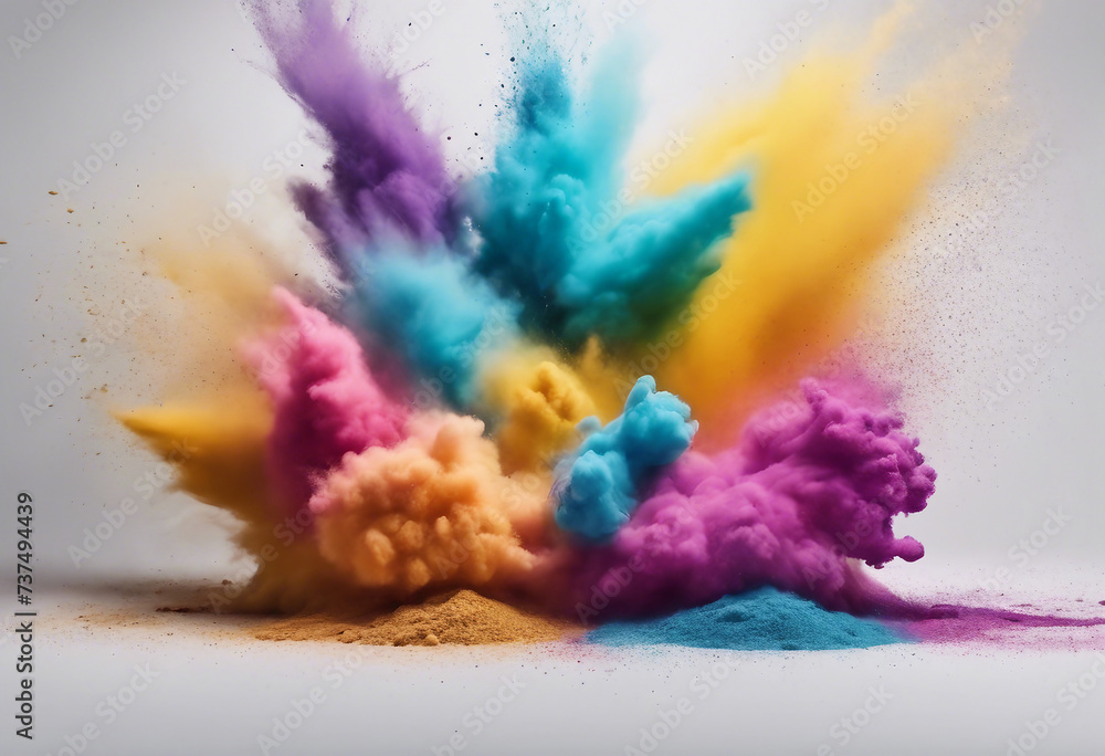 Abstract powder splatted explosion background Multiple colors powder explosion on white background