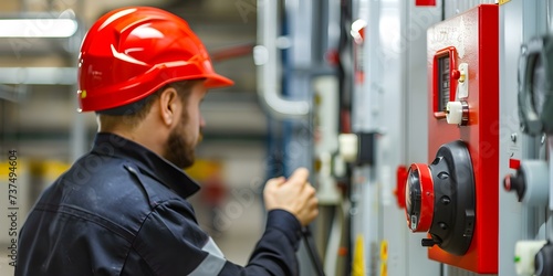 Supervising Fire Alarm System and Enforcing Factory Security Protocols. Concept Emergency Preparedness, Factory Security Measures, Fire Alarm Supervision, Safety Protocol Enforcement, Risk Management photo